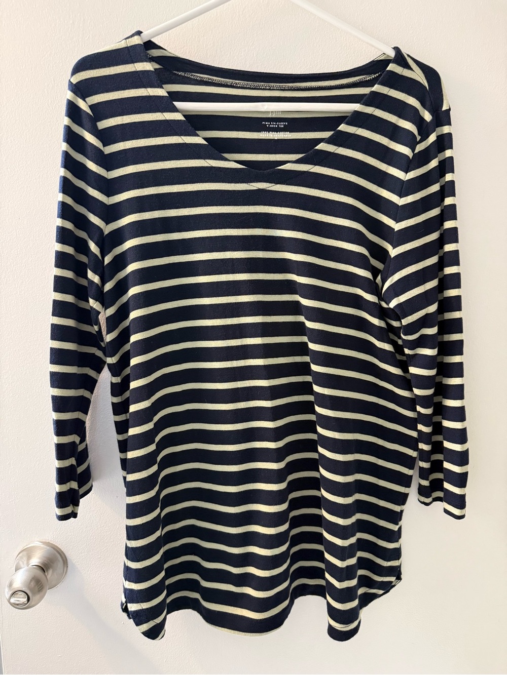 J. Jill Navy and Cream Striped V-Neck Long Sleeve Top 100% pima cotton